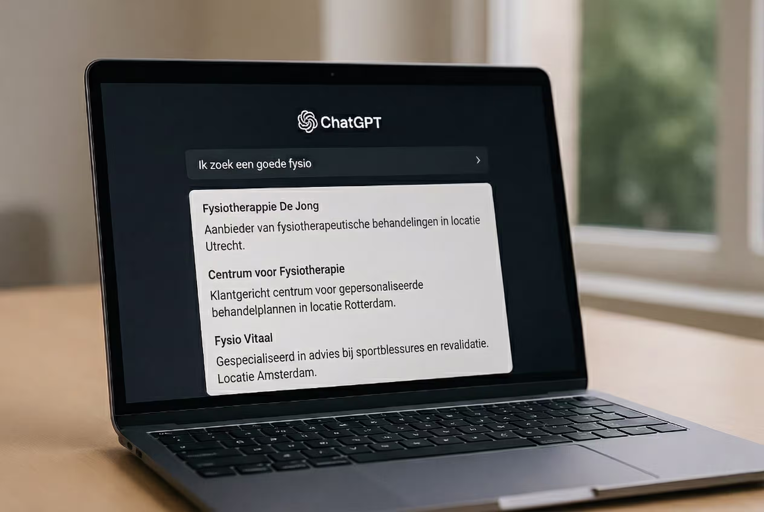 Laptop met een ChatGPT-zoekopdracht naar een fysiotherapeut