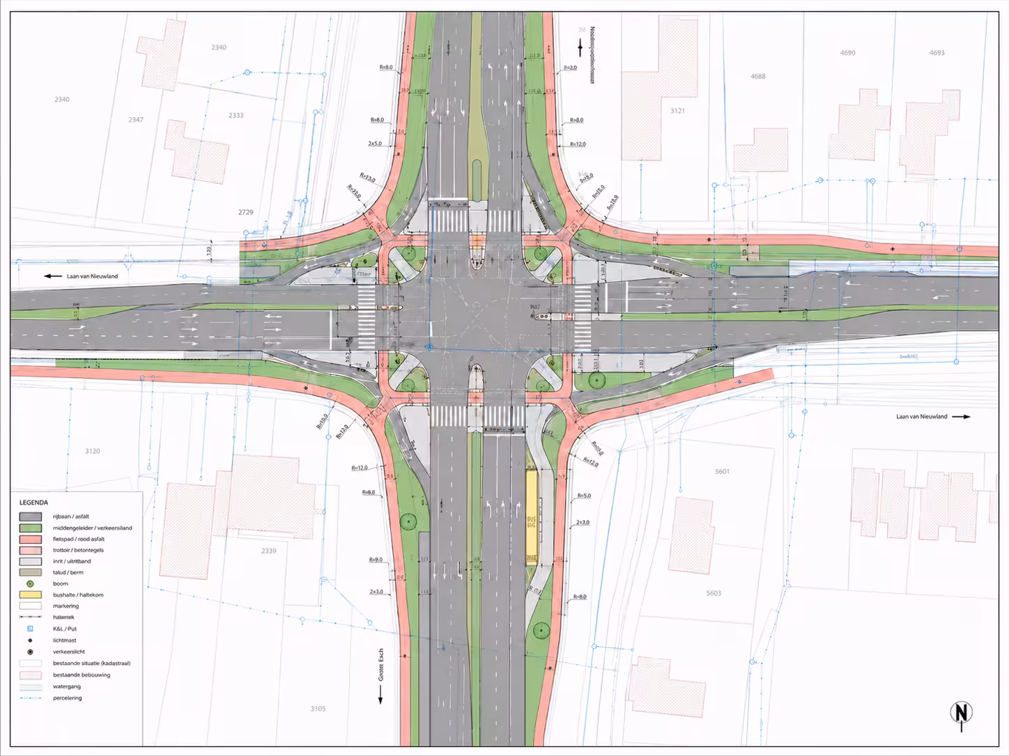 Verkeerskundig ontwerp van een kruispunt met rijbanen, fietspaden en oversteekplaatsen