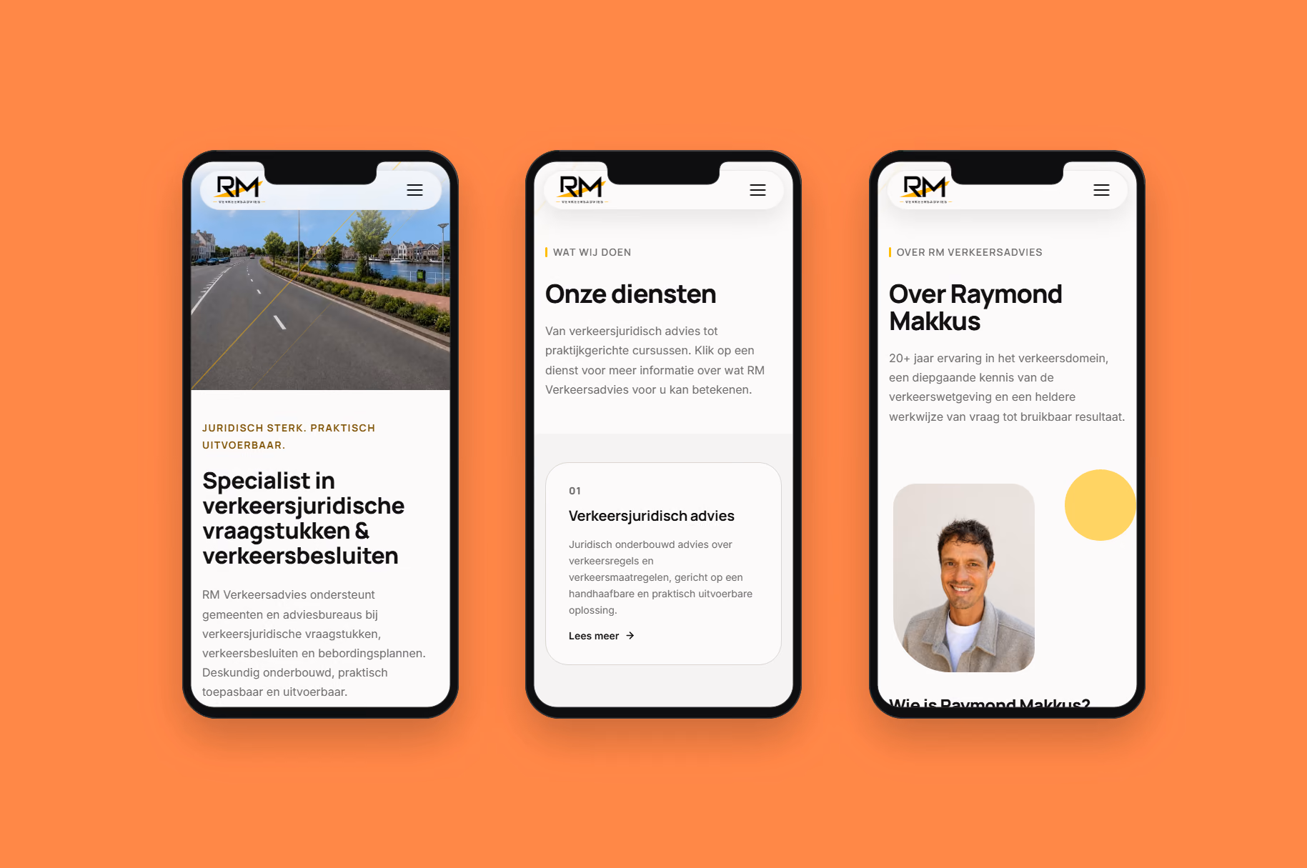 Homepage, dienstenpagina en over-pagina van RM Verkeersadvies op drie telefoons