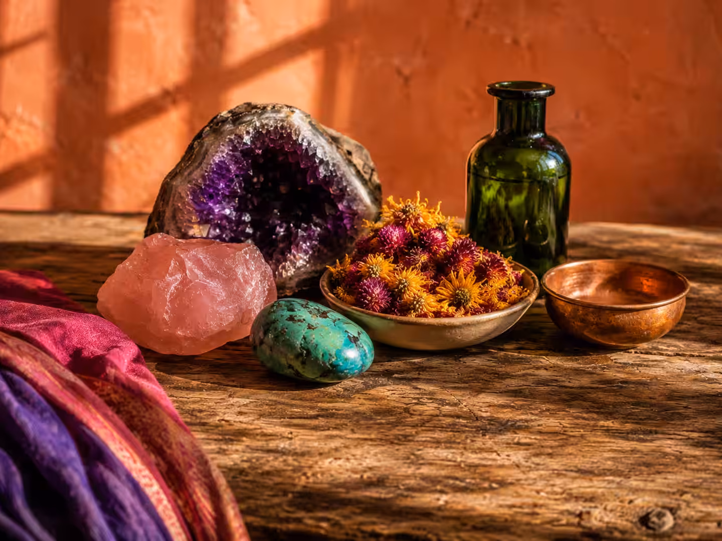 Edelstenen, gedroogde bloemen en een apothekersfles uit de Triskal-webshop op een houten tafel